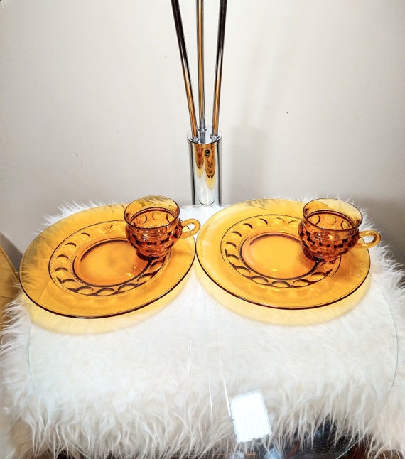 Vintage Amber glass Sandwich Plate & Cup Set Kitchen Home Decor