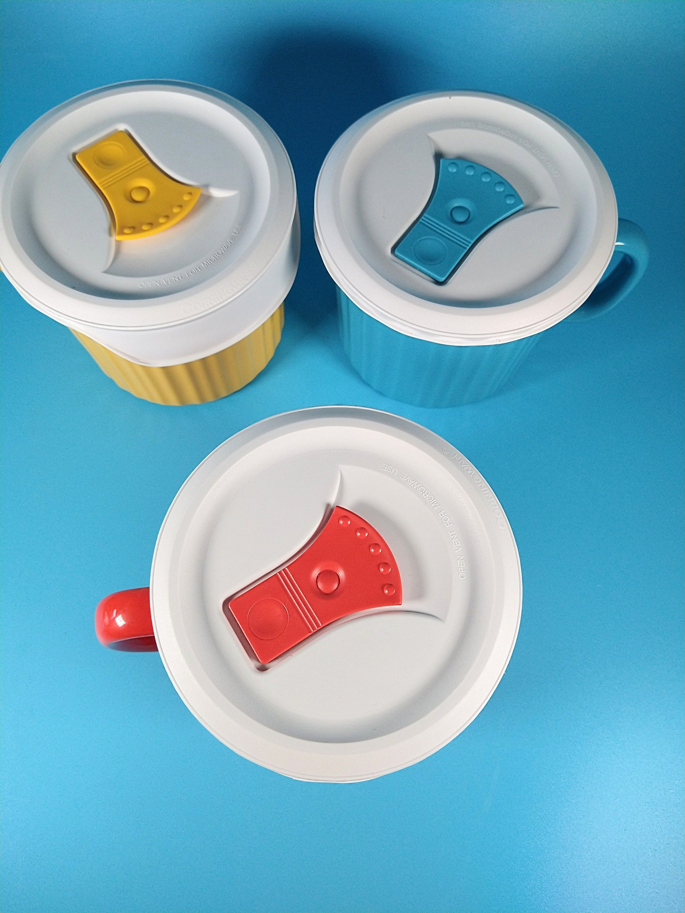 New 3 corning ware soup mugs with venting lids red blue and Etsy