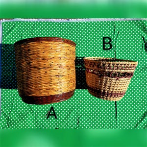 以下が含まれることがあります： 2つの織りバスケット。大きなバスケットは円筒形で、濃い茶色のベースと縁があります。小さなバスケットはボウル型で、バーガンディのデザインです。どちらも天然色の織り素材で作られており、白い水玉模様の緑色の生地の上に置かれています。