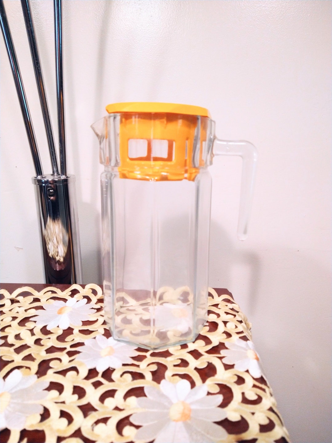 Vintage Pasabahce Clear Glass Pitcher, Octagonal Pitcher Jug, 1 1/2 Qts