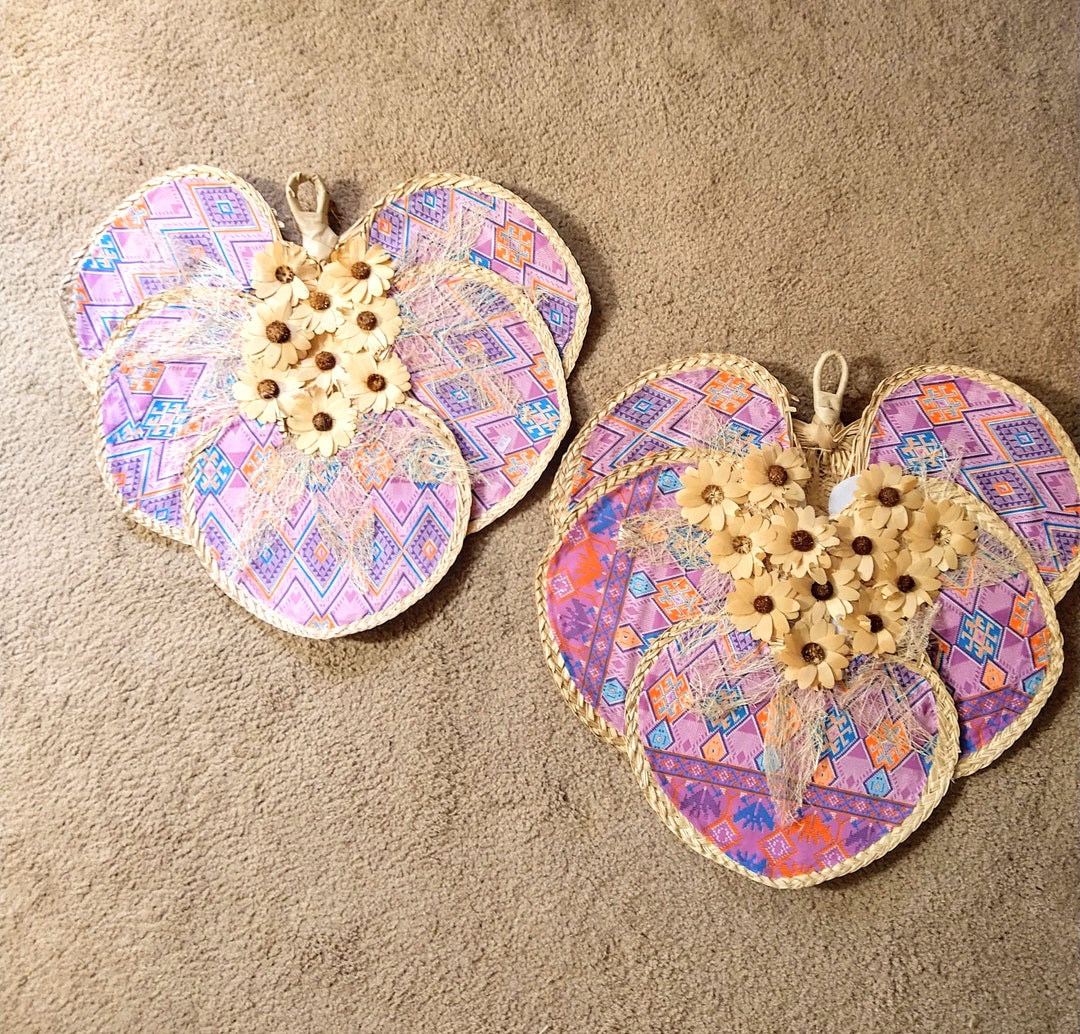 2 Large Wicker Fans, Wall Decor, Western Pattern, Purple and Pink ...