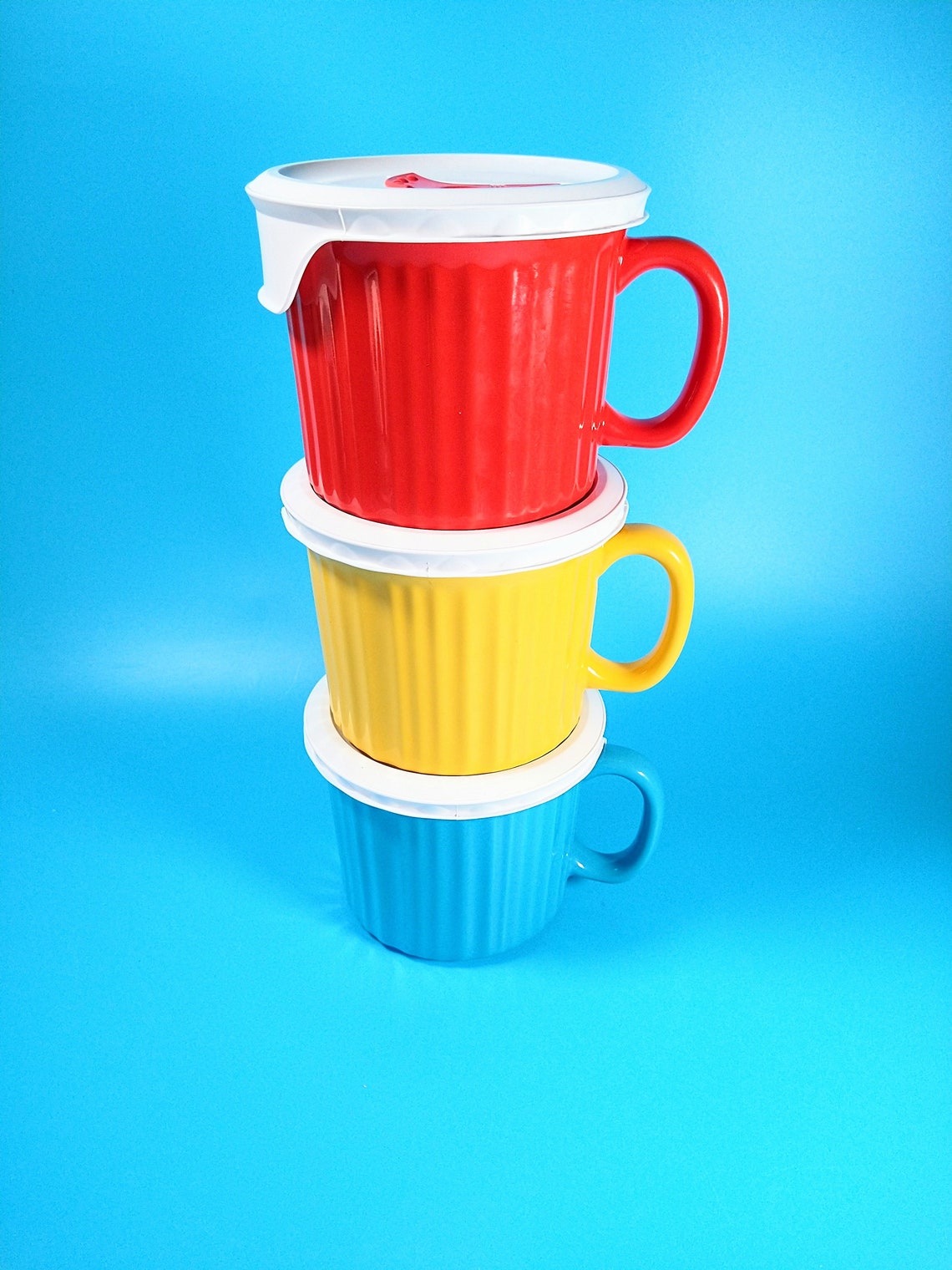 New 3 corning ware soup mugs with venting lids red blue and Etsy