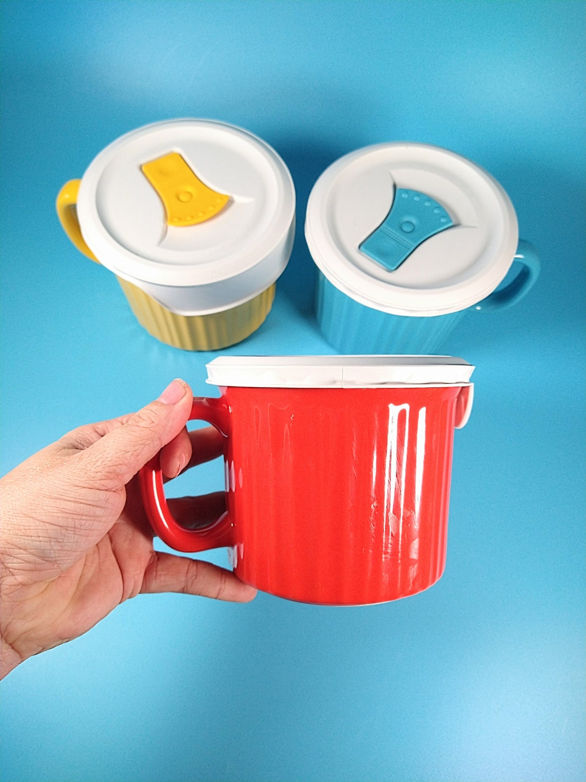 New 3 corning ware soup mugs with venting lids red blue and Etsy