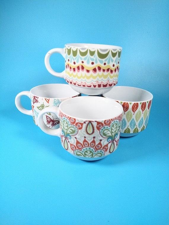 Set of 4 Pier One Imports Stackable Coffee Mugs, Vintage Inspired