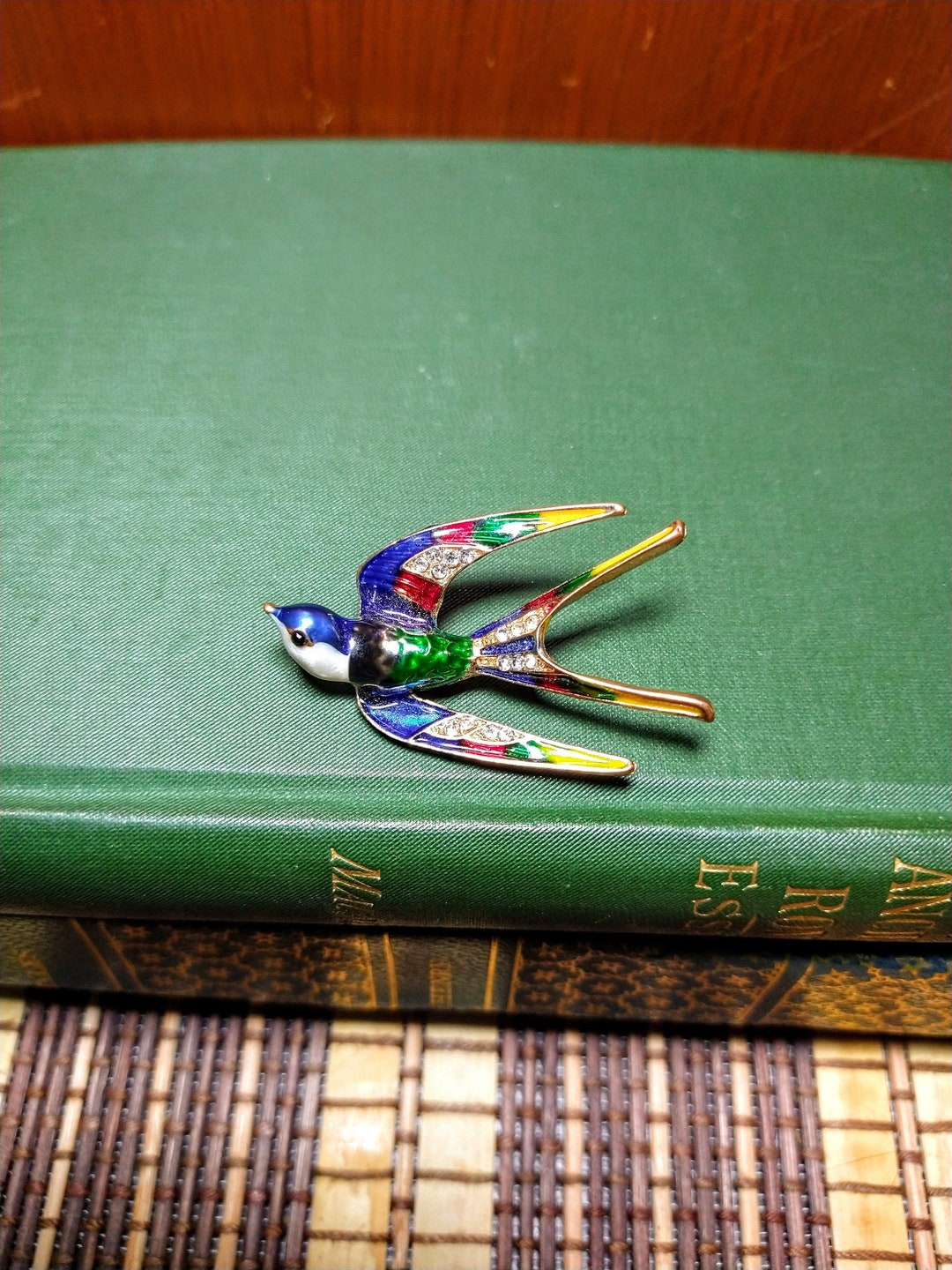 Vintage Swallow Pin Brooch, Jewel Eye, Cz Crystals, Enamel Swallow Bird