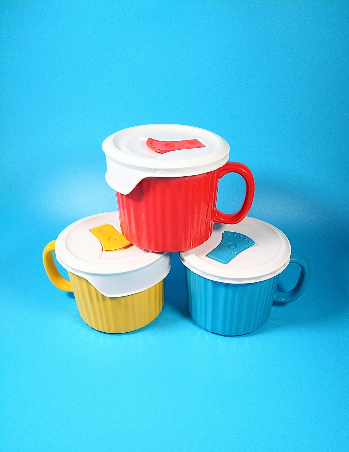 New 3 corning ware soup mugs with venting lids red blue and Etsy