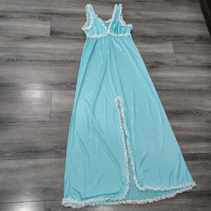 vintage nightgown teal with lace trim and front slit vintage lingerie floor length nightgown slinky silky sheer sleeveless 50s house wife