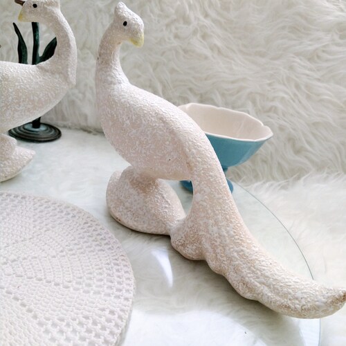 mcm vintage peacocks statues, 1950s white splatter peacock figurines