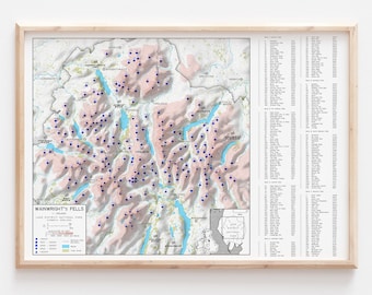Puede incluir: Un mapa detallado del Parque Nacional del Distrito de los Lagos en Inglaterra, que presenta las Wainwright's Fells. El mapa está impreso en papel blanco e incluye una leyenda con información de elevación en pies. El mapa está enmarcado en un marco de madera claro.