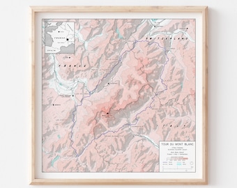 Tour Du Mont Blanc - Colour - France, Switzerland, Italy, Europe - Hiking Trail Map Art Print