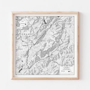 Tour du Mont Blanc - France, Suisse, Italie, Europe - Carte des sentiers de randonnée Impression artistique