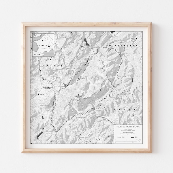 Tour Du Mont Blanc - France, Switzerland, Italy, Europe - Hiking Trail Map Art Print