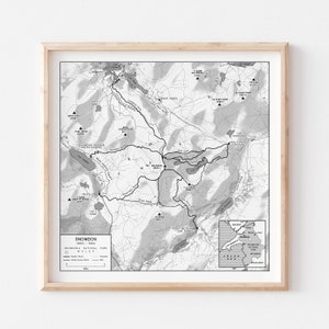 SNOWDON - Snowdonia, País de Gales, Reino Unido - Arte impressa do mapa da trilha de caminhada na montanha