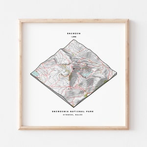 Snowdon - Snowdonia National Park, Wales, UK - Mountain Trail Map Art Print - Colour - 12x12in