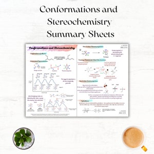 Puede incluir: Una guía de estudio colorida con ilustraciones y texto que explica las conformaciones y la estereoquímica. La guía incluye diagramas de moléculas y proyecciones de Newman. El texto incluye términos como escalonada, eclipsada y anti.