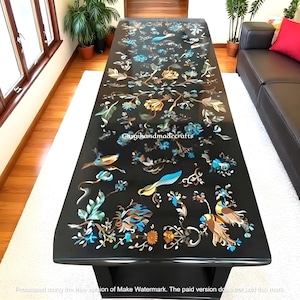 Black Marble Semi Precious Stone Inlay Dining Table Handmade Rectangular Pietra Dura Floral Birds Design Furniture for Elegant Home Decors