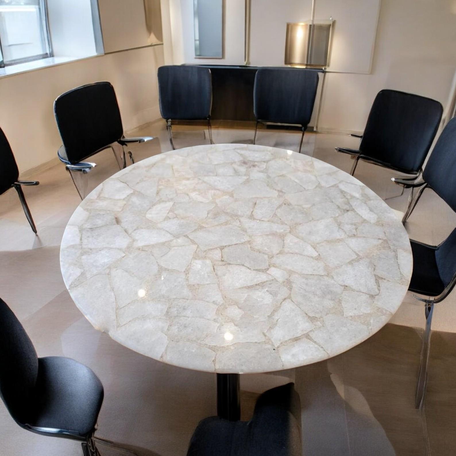White Quartz Round Dining Table Top Gemstone Design, Handcrafted Modern ...