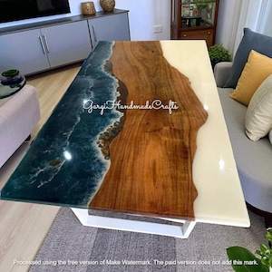 Ocean Wave Epoxy Resin Dining Table – Handmade Live Edge Wood & Coastal Blue Resin Artwork for Modern Living Room Furniture Home Decors