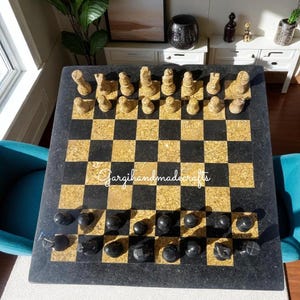 Black Marble Chess Set with Pieces - Luxury Stone Inlay Chess Set, Handmade Unique Home Decor, Elegant Game Set Gift For Chess Lovers