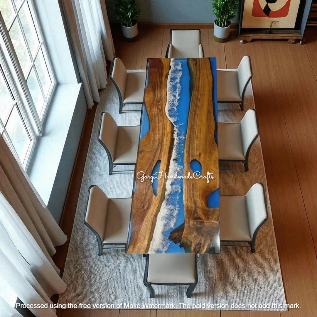 Handmade Ocean Wave Epoxy Resin Dining Table: Live Edge Walnut, Coastal ...