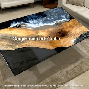Handgemaakte Ocean Wave-eettafel op epoxyhars: walnoothout met live rand