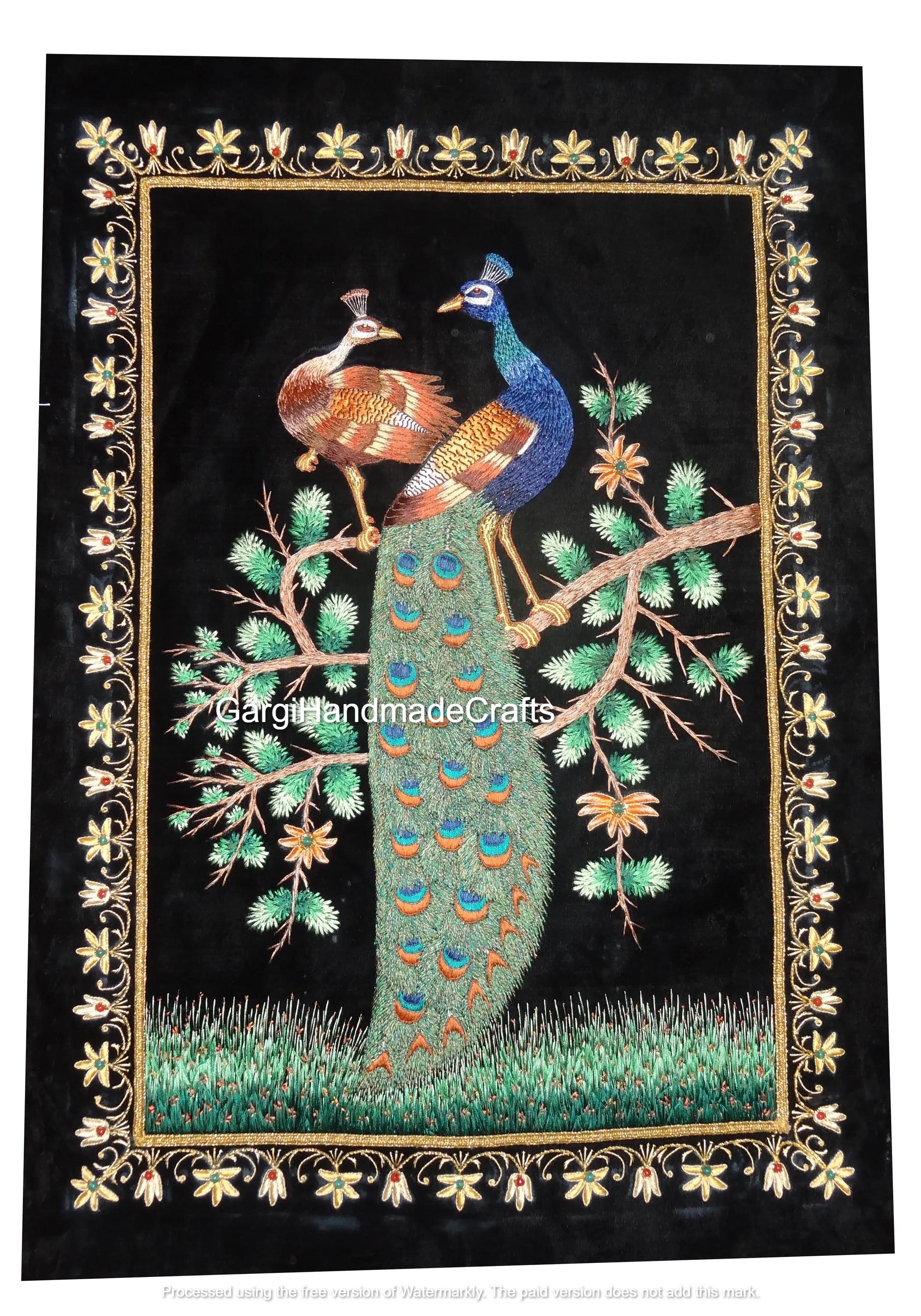 Zardozi Peacock Tapestry: Silk Embroidery Wall Art (36