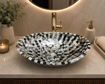 Handmade Mother of Pearl Mosaic Vessel Sink, Oval Bathroom Vanity Wash Basin