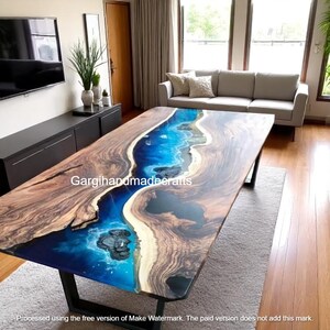 Custom Epoxy Resin River Table: Live Edge Wood & Ocean Wave Design