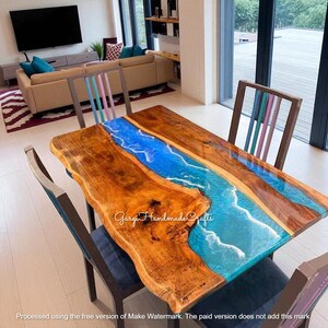 Handmade Live Edge River Dining Table: Ocean Blue Epoxy Resin & Natural Wood