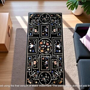 Black Marble Inlay Dining Table – Handmade Rectangular Semi-Precious Stone Floral Art Living Room Kitchen Slab Furniture For Cafeteria Decor
