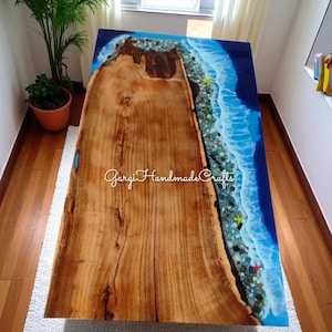 Ocean Wave Epoxy Resin Live Edge Table: Beach Scene Wood Art