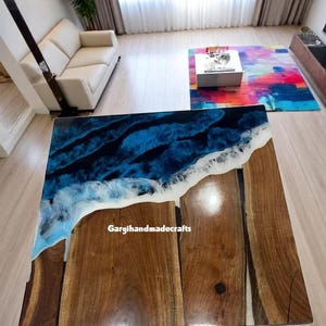 Square Ocean Wave Epoxy Resin Coffee Table - Walnut Wood