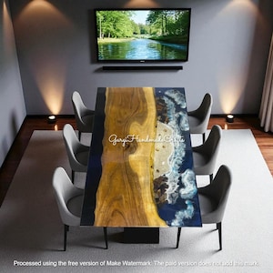 Rectangle Ocean Wave Epoxy Resin Dining Table with Natural Wood and Beach Design Coastal Centerpiece Table Interiors Furniture Hallway Decor