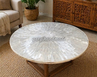 Round Selenite Coffee Table Top | Handmade White Shell Mosaic Luxury Furniture