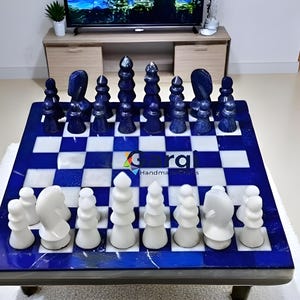 Handmade Lapis Lazuli Chess Set: Luxury Gemstone Inlay Board (24&quot;)