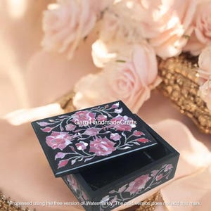Handmade Black Marble Jewelry Box: Pink Mother of Pearl Floral Inlay