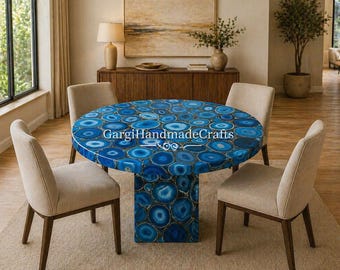 Tavolo da pranzo in agata blu fatto a mano – Elegante complemento d'arredo in pietra naturale per la sala da pranzo.