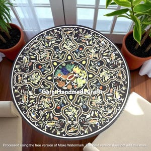 Black Marble Table Top: Floral Inlay, Semi-Precious Stone Centerpiece