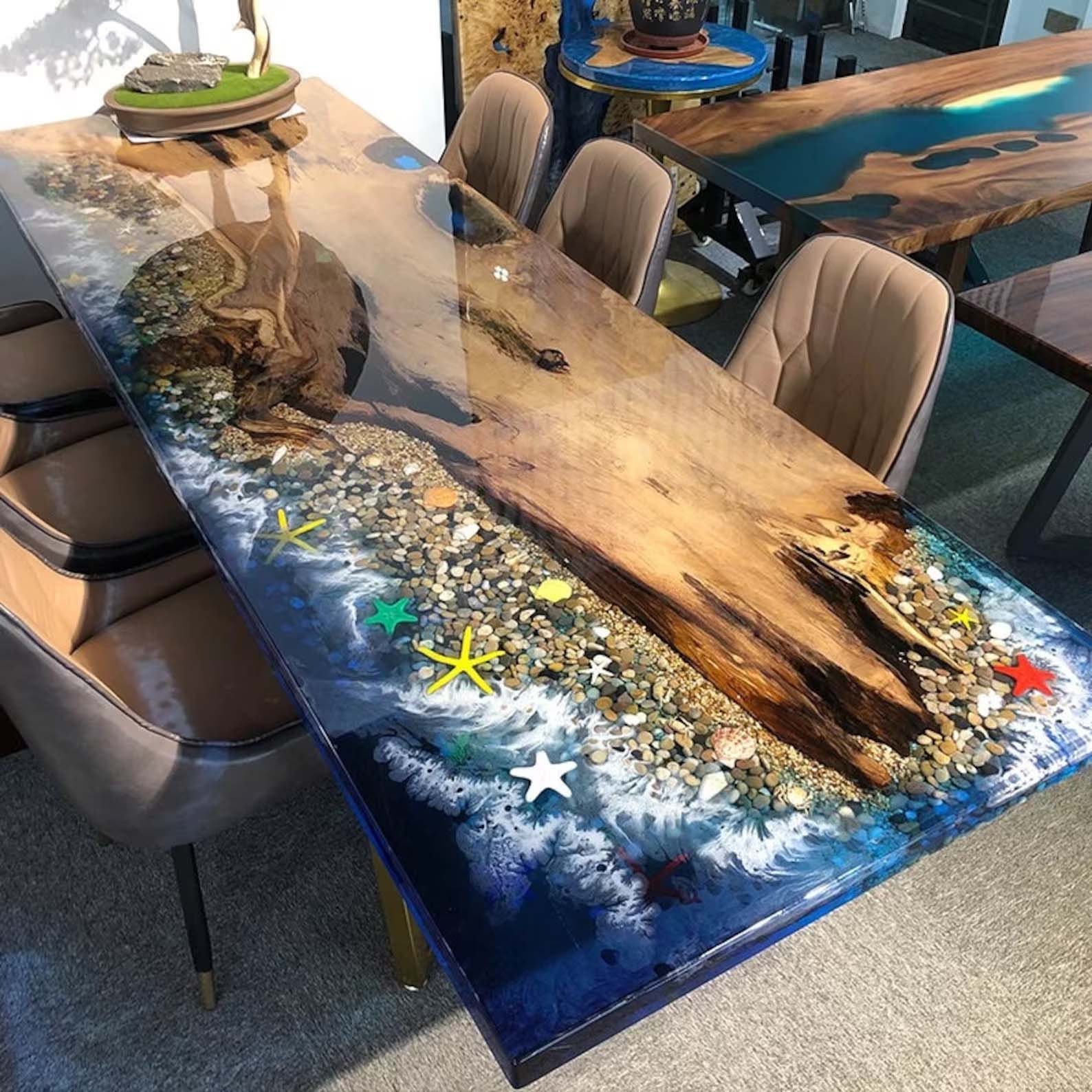 Multi Color Epoxy Resin Dining Table Acacia Wood Countertop Desk