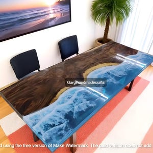 Handcrafted Live Edge Epoxy Resin River Dining Table: Walnut Wood, Blue Ocean Wave