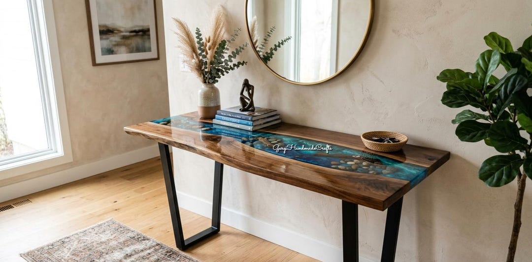 Custom Walnut Live Edge Console Table With River Stone Resin Top - Etsy