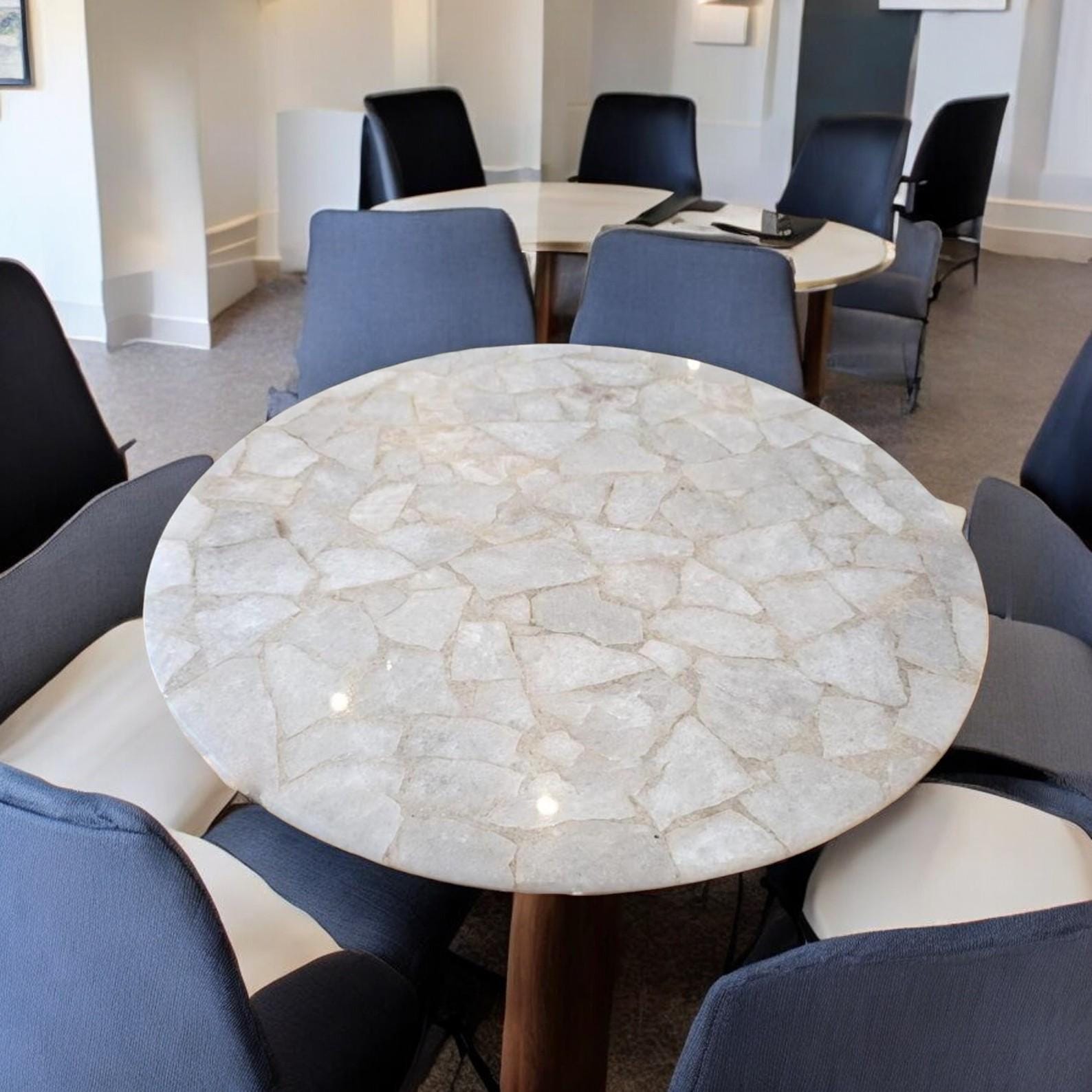 White Quartz Round Dining Table Top Gemstone Design, Handcrafted Modern ...