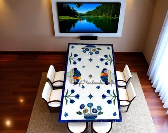 Handmade White Marble Inlay Table Top: Blue Floral Fruit Design
