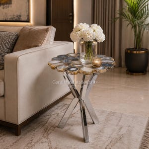 Luxury Grey Agate Side Table – Handmade Semi Precious Stone Accent Table Modern End Table