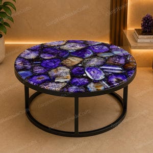 Purple Agate Round Coffee Table, Handmade Gemstone Accent Furniture Decor