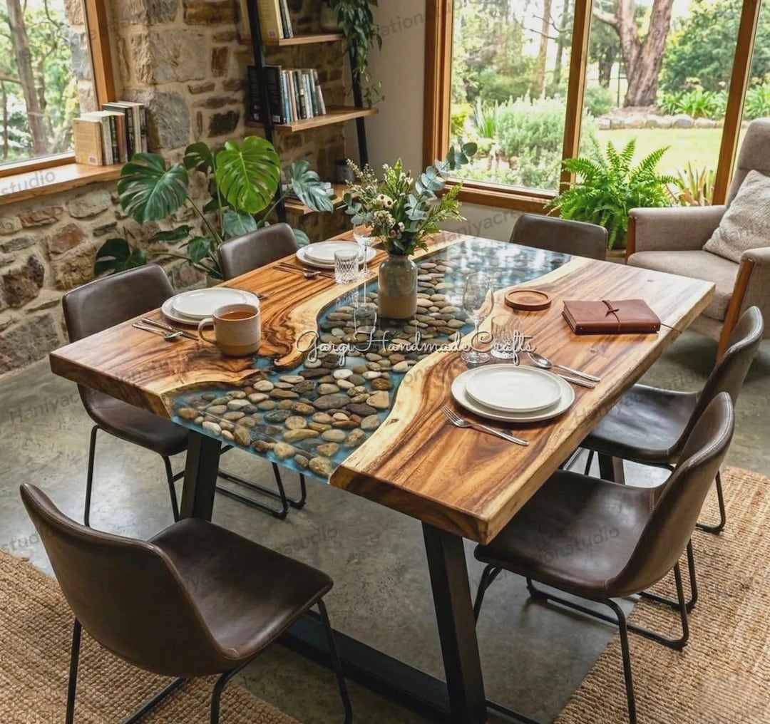 Luxury Epoxy River Table With Embedded Pebbles Unique Handmade Wooden ...