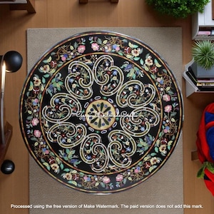 Round Black Marble Inlay Table with Colorful Semi-Precious Stone Floral Design Handcrafted Indian Pietra Dura Art Living Room Furniture Deco