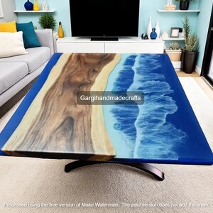 Ocean Wave Epoxy Resin & Live Edge Wood Dining Table: Modern Coastal Decor