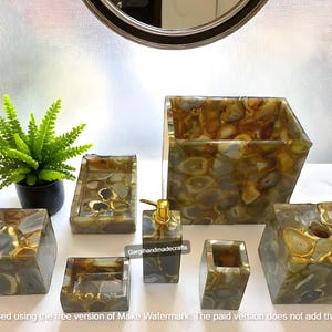Luxury Agate Bathroom Accessory Set Handmade Polished Stone Vanity Set for Modern Bathrooms Soap Dispenser, Tray, Tumbler, Tissue Box Decors