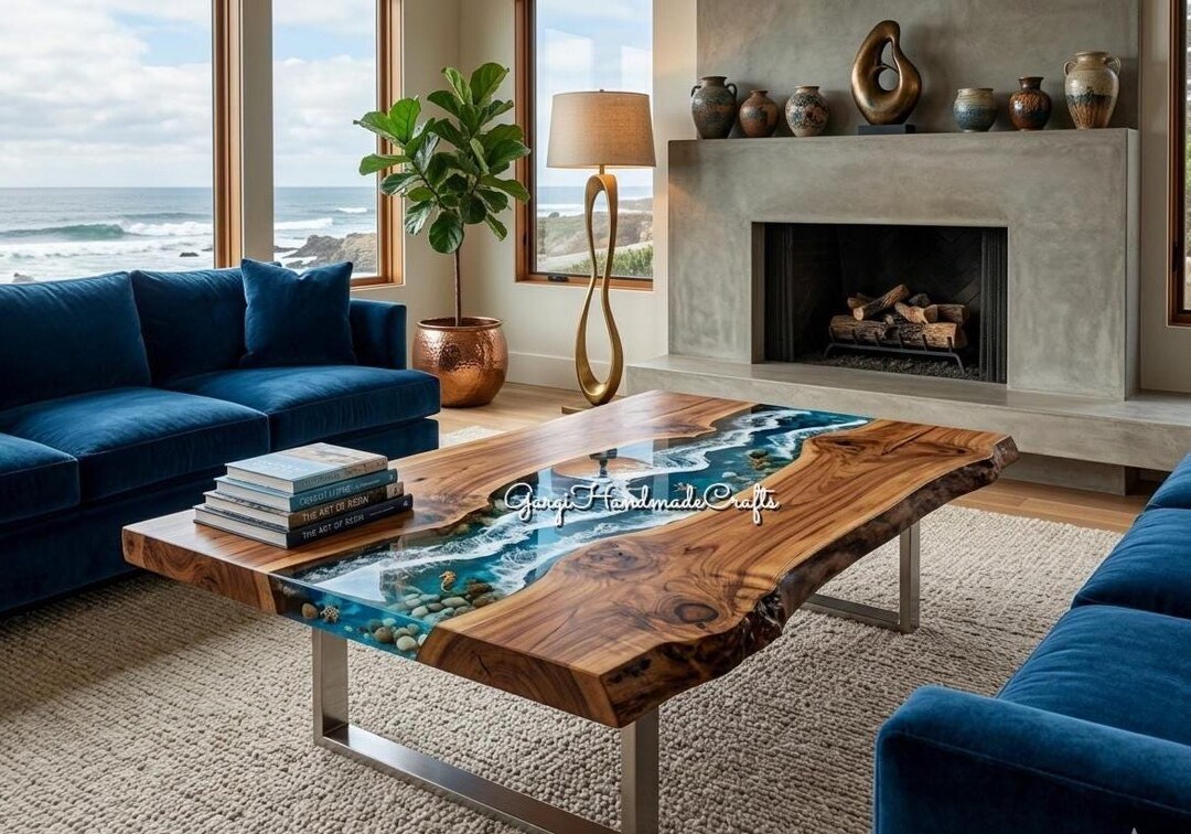 Live Edge Walnut Epoxy Dining Table: Ocean River Wood Slab Furniture ...
